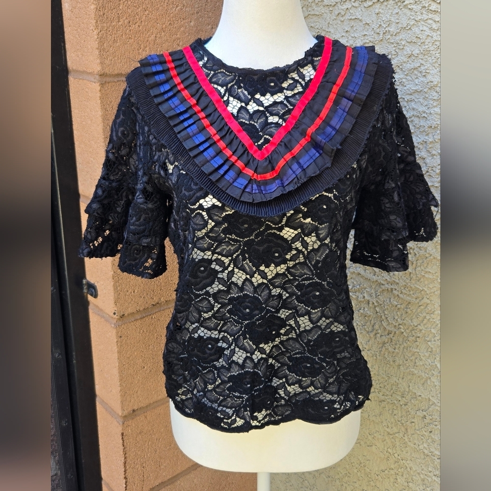 Vanessa Scott Black Lace V-Neck Ruffle Trim Top - Red & Blue Accent
